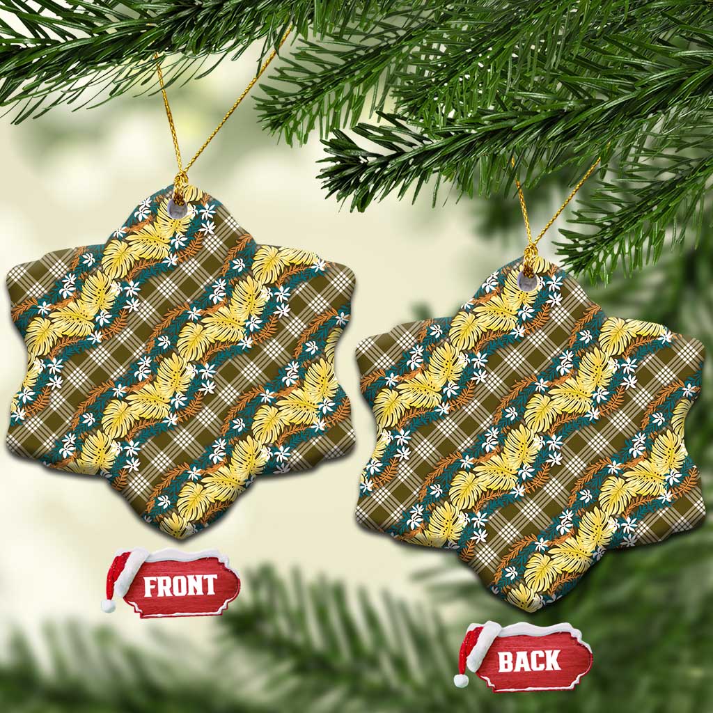 Polynesian Monstera Tiare Floral Ceramic Ornament Yellow Tropical Plaid - Polynesian Pride