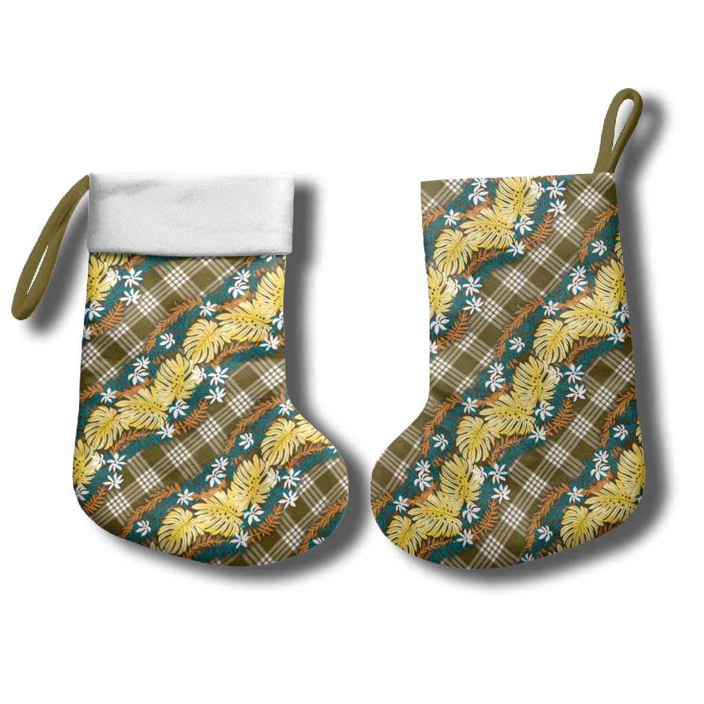 Polynesian Monstera Tiare Floral Christmas Stocking Yellow Tropical Plaid - Polynesian Pride
