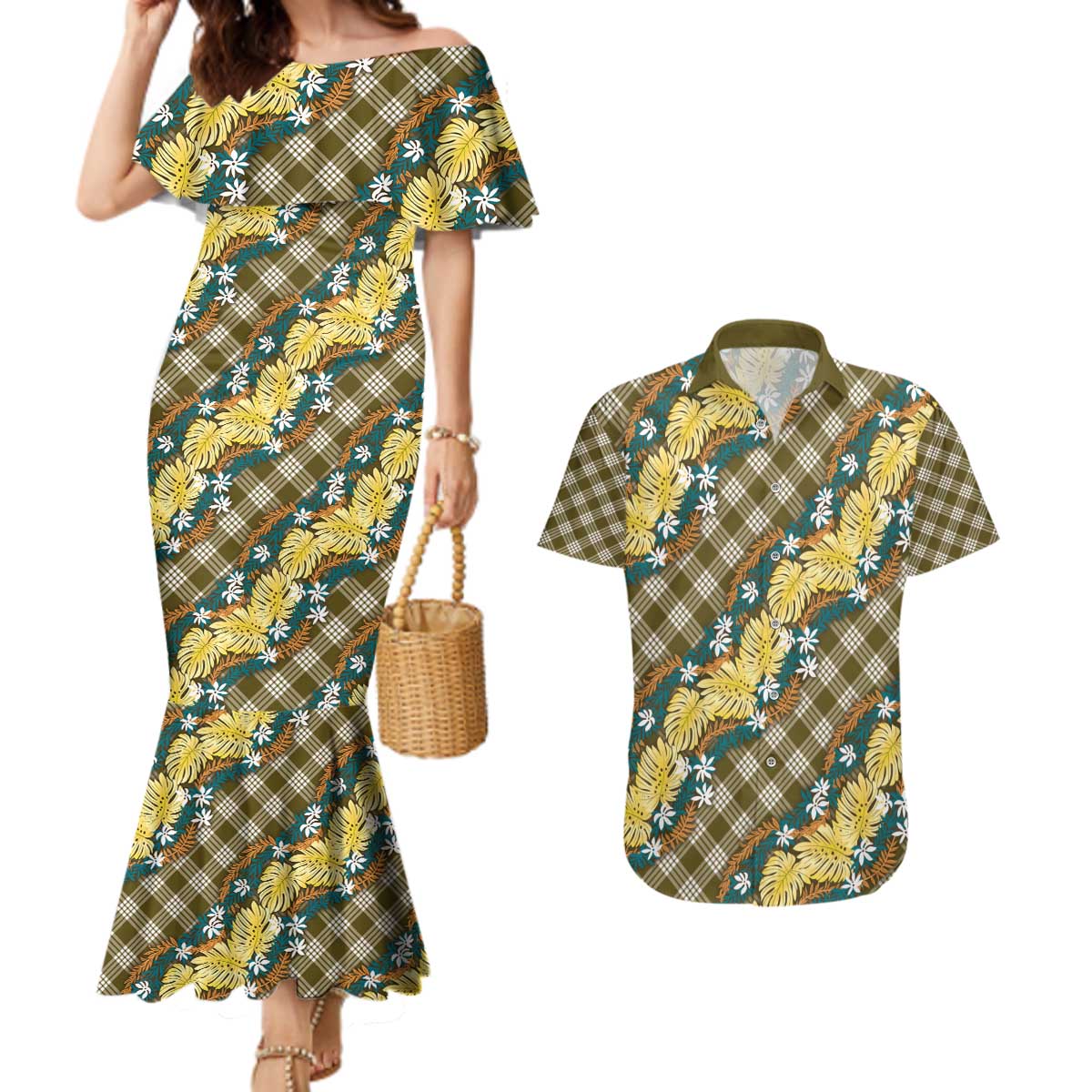 Polynesian Monstera Tiare Floral Couples Matching Mermaid Dress and Hawaiian Shirt Yellow Tropical Plaid - Polynesian Pride