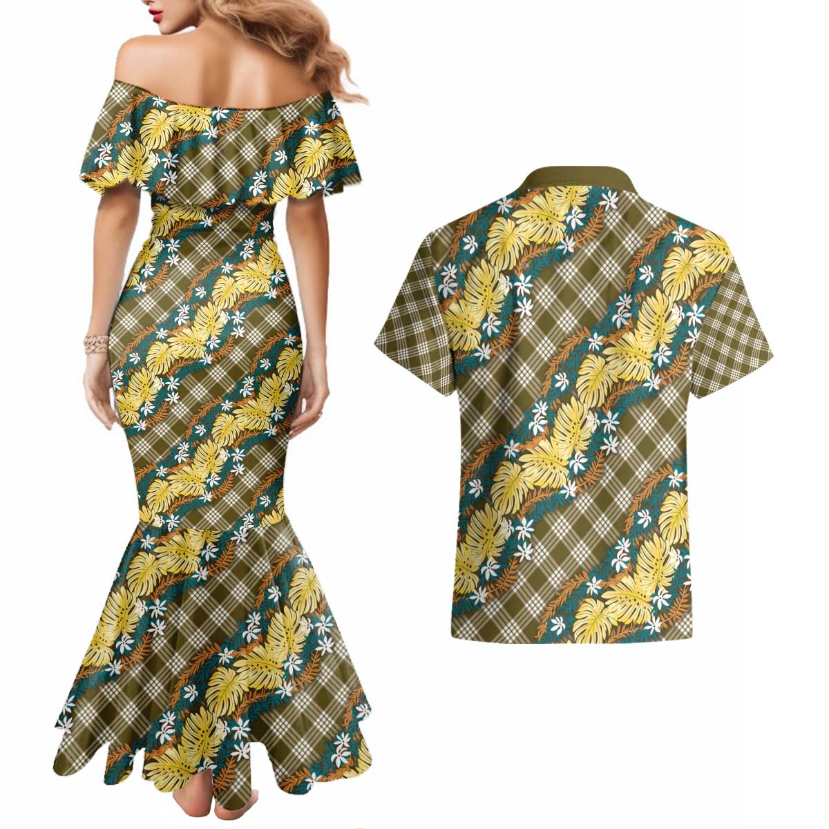Polynesian Monstera Tiare Floral Couples Matching Mermaid Dress and Hawaiian Shirt Yellow Tropical Plaid - Polynesian Pride