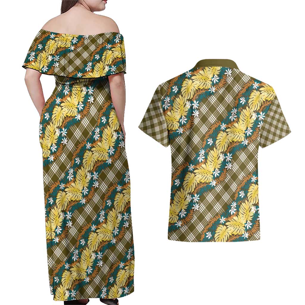 Polynesian Monstera Tiare Floral Couples Matching Off Shoulder Maxi Dress and Hawaiian Shirt Yellow Tropical Plaid - Polynesian Pride