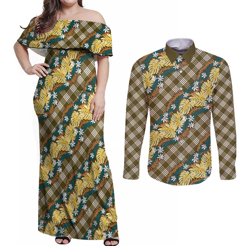 Polynesian Monstera Tiare Floral Couples Matching Off Shoulder Maxi Dress and Long Sleeve Button Shirt Yellow Tropical Plaid - Polynesian Pride