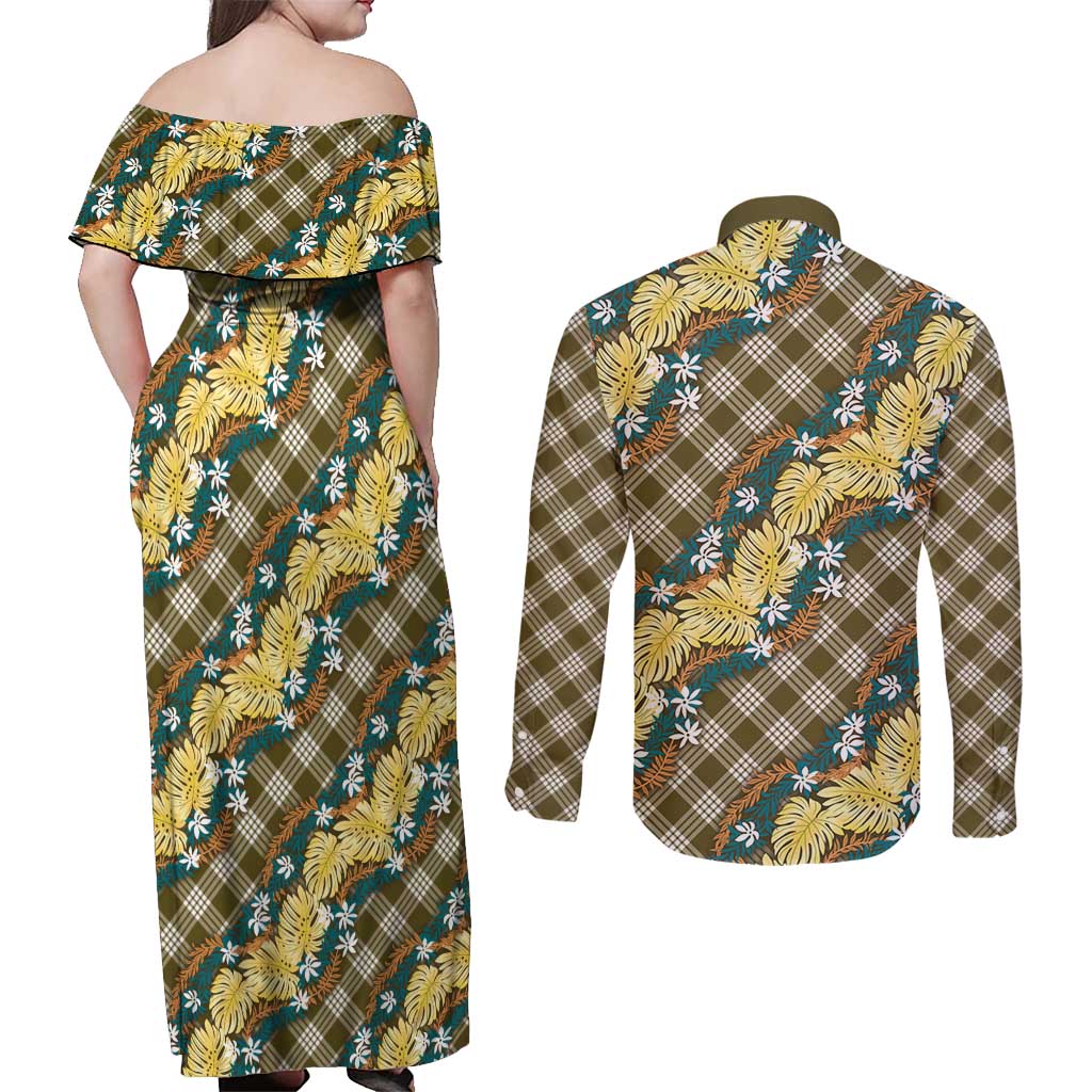 Polynesian Monstera Tiare Floral Couples Matching Off Shoulder Maxi Dress and Long Sleeve Button Shirt Yellow Tropical Plaid - Polynesian Pride