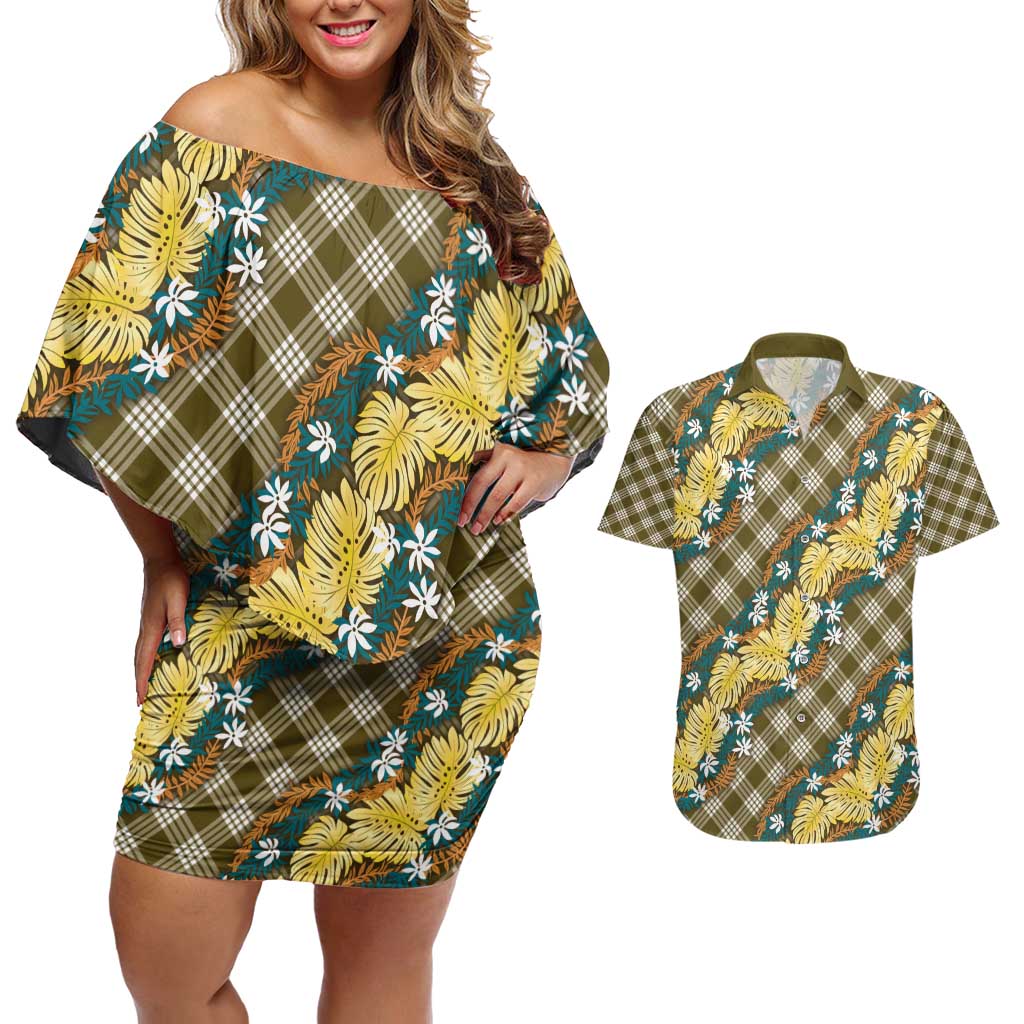 Polynesian Monstera Tiare Floral Couples Matching Off Shoulder Short Dress and Hawaiian Shirt Yellow Tropical Plaid - Polynesian Pride