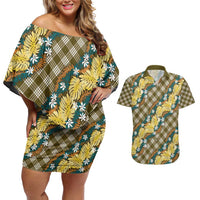 Polynesian Monstera Tiare Floral Couples Matching Off Shoulder Short Dress and Hawaiian Shirt Yellow Tropical Plaid - Polynesian Pride
