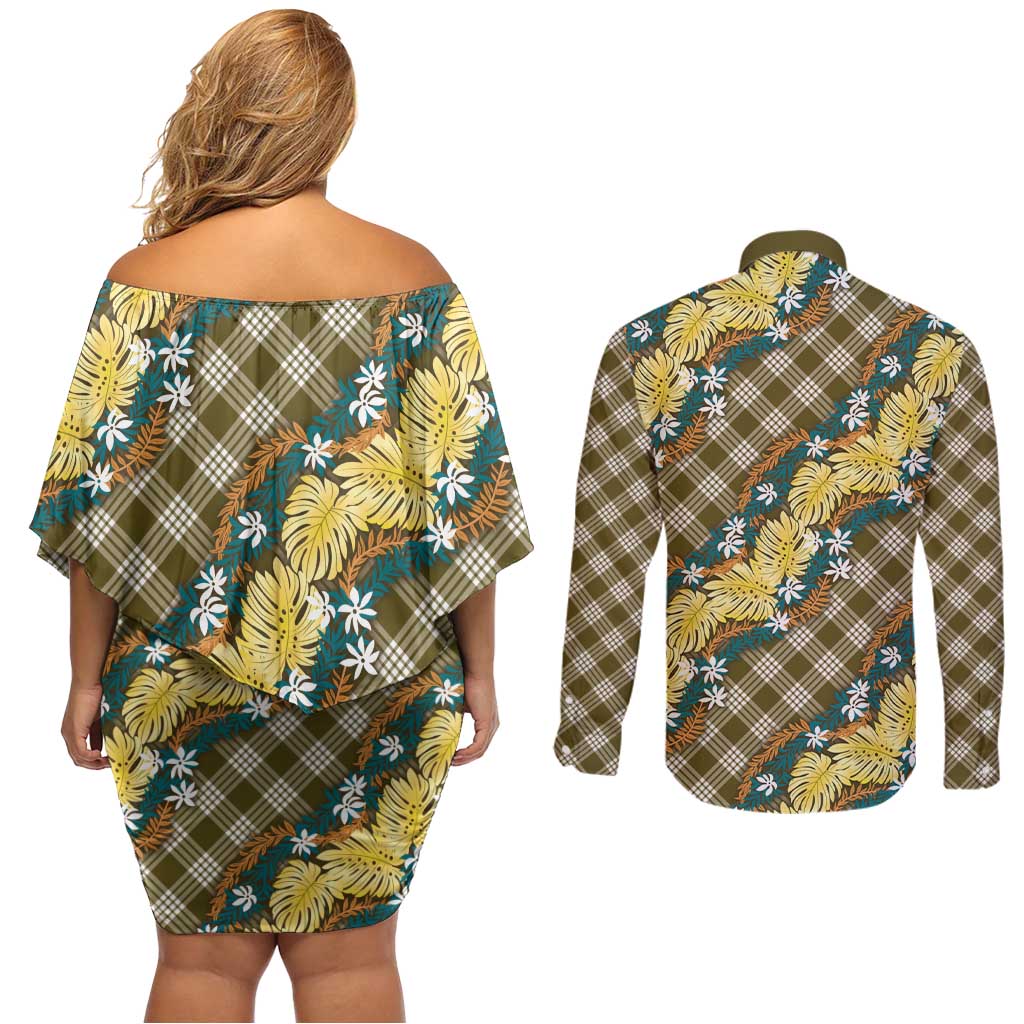 Polynesian Monstera Tiare Floral Couples Matching Off Shoulder Short Dress and Long Sleeve Button Shirt Yellow Tropical Plaid - Polynesian Pride