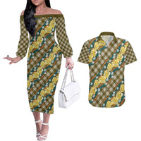 Polynesian Monstera Tiare Floral Couples Matching Off The Shoulder Long Sleeve Dress and Hawaiian Shirt Yellow Tropical Plaid - Polynesian Pride