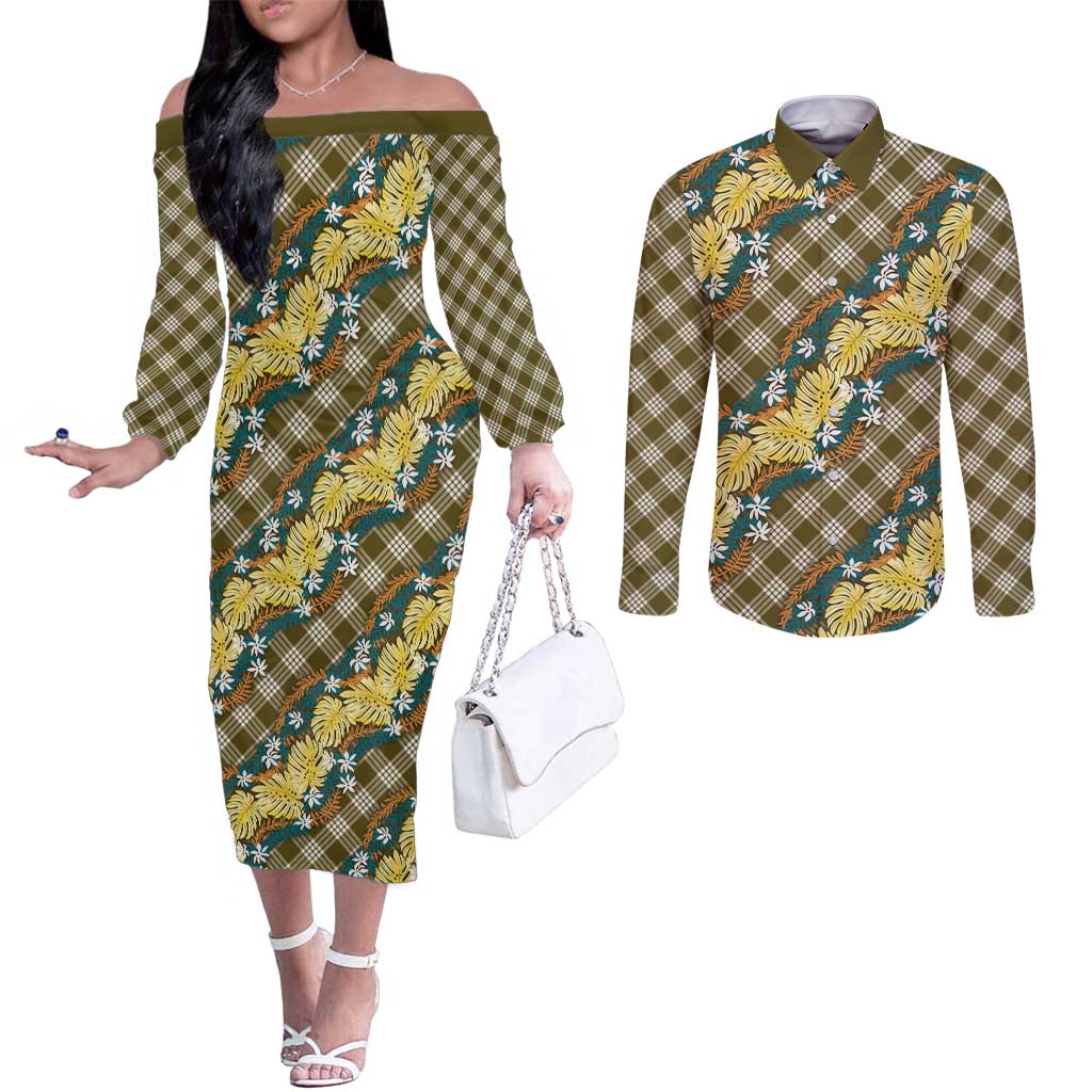 Polynesian Monstera Tiare Floral Couples Matching Off The Shoulder Long Sleeve Dress and Long Sleeve Button Shirt Yellow Tropical Plaid LT01 Yellow - Polynesian Pride