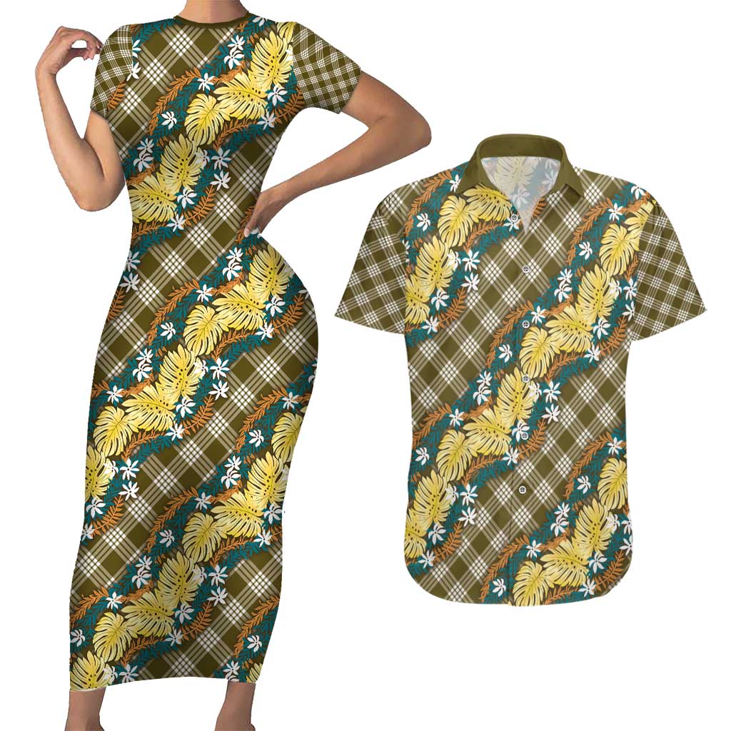 Polynesian Monstera Tiare Floral Couples Matching Short Sleeve Bodycon Dress and Hawaiian Shirt Yellow Tropical Plaid - Polynesian Pride