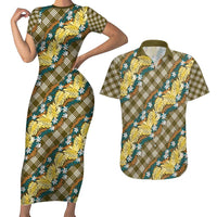 Polynesian Monstera Tiare Floral Couples Matching Short Sleeve Bodycon Dress and Hawaiian Shirt Yellow Tropical Plaid - Polynesian Pride