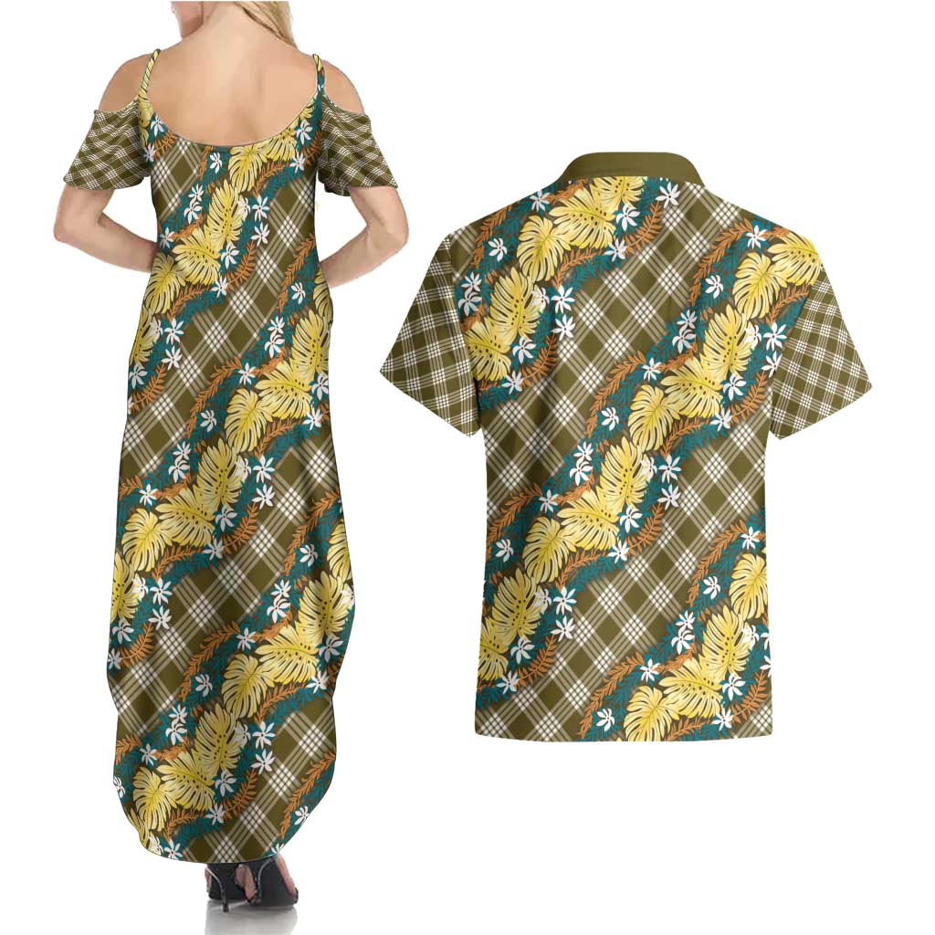 Polynesian Monstera Tiare Floral Couples Matching Summer Maxi Dress and Hawaiian Shirt Yellow Tropical Plaid - Polynesian Pride
