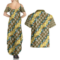Polynesian Monstera Tiare Floral Couples Matching Summer Maxi Dress and Hawaiian Shirt Yellow Tropical Plaid - Polynesian Pride