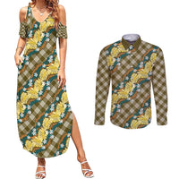 Polynesian Monstera Tiare Floral Couples Matching Summer Maxi Dress and Long Sleeve Button Shirt Yellow Tropical Plaid - Polynesian Pride