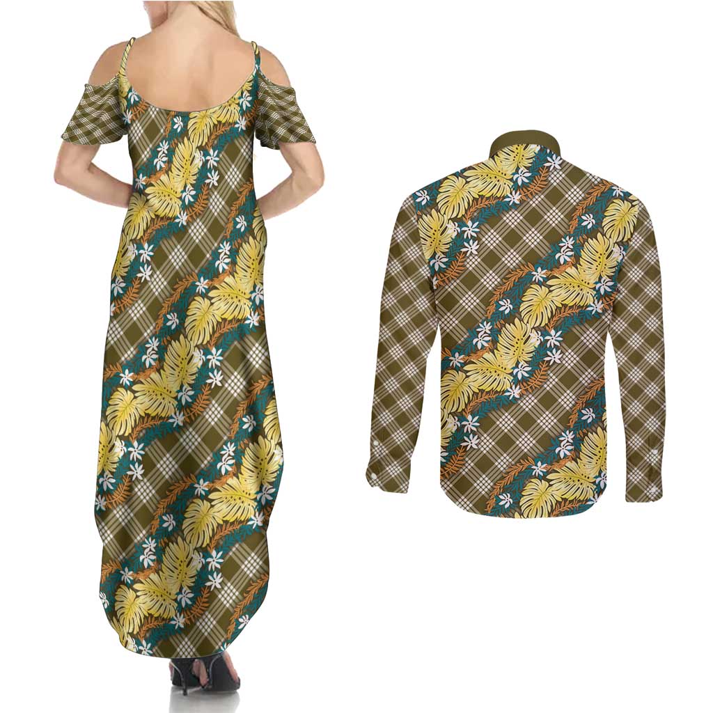 Polynesian Monstera Tiare Floral Couples Matching Summer Maxi Dress and Long Sleeve Button Shirt Yellow Tropical Plaid - Polynesian Pride