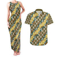 Polynesian Monstera Tiare Floral Couples Matching Tank Maxi Dress and Hawaiian Shirt Yellow Tropical Plaid - Polynesian Pride