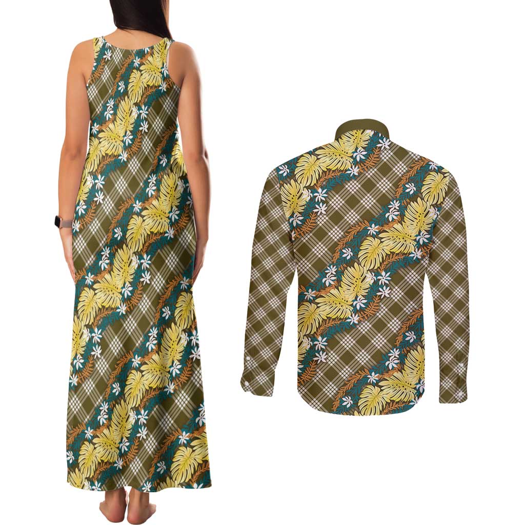 Polynesian Monstera Tiare Floral Couples Matching Tank Maxi Dress and Long Sleeve Button Shirt Yellow Tropical Plaid - Polynesian Pride