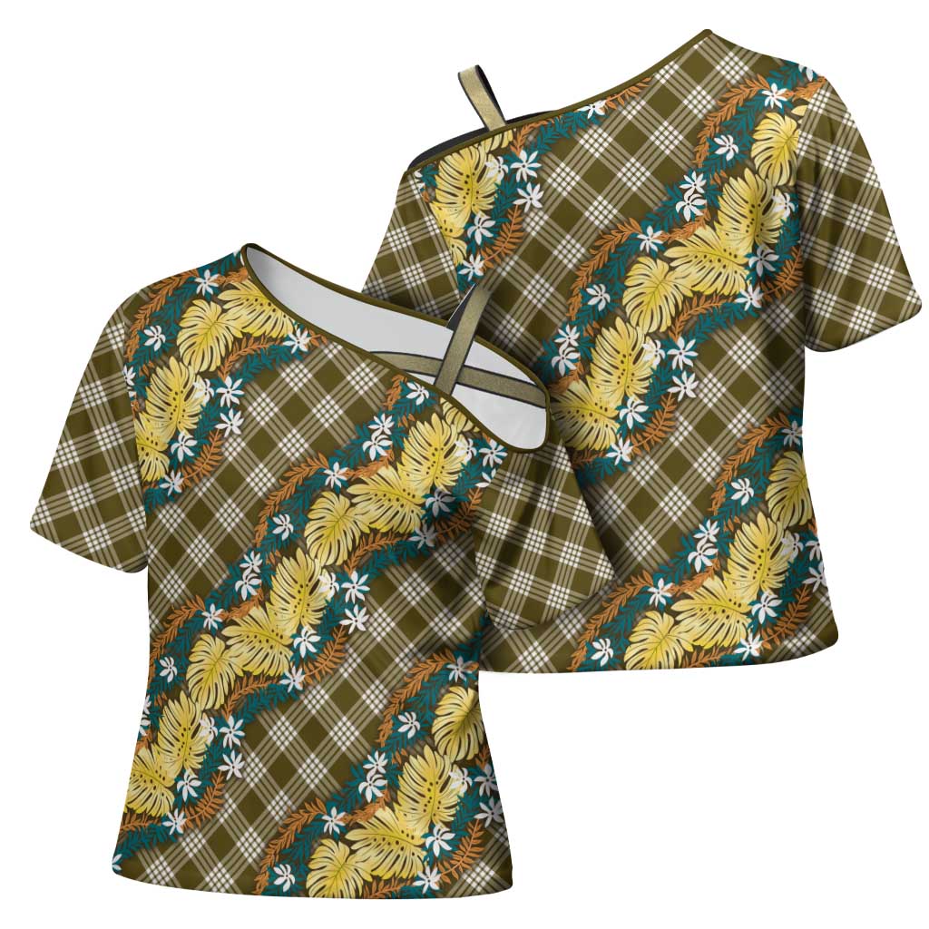 Polynesian Monstera Tiare Floral Cross Shoulder Shirt Yellow Tropical Plaid - Polynesian Pride