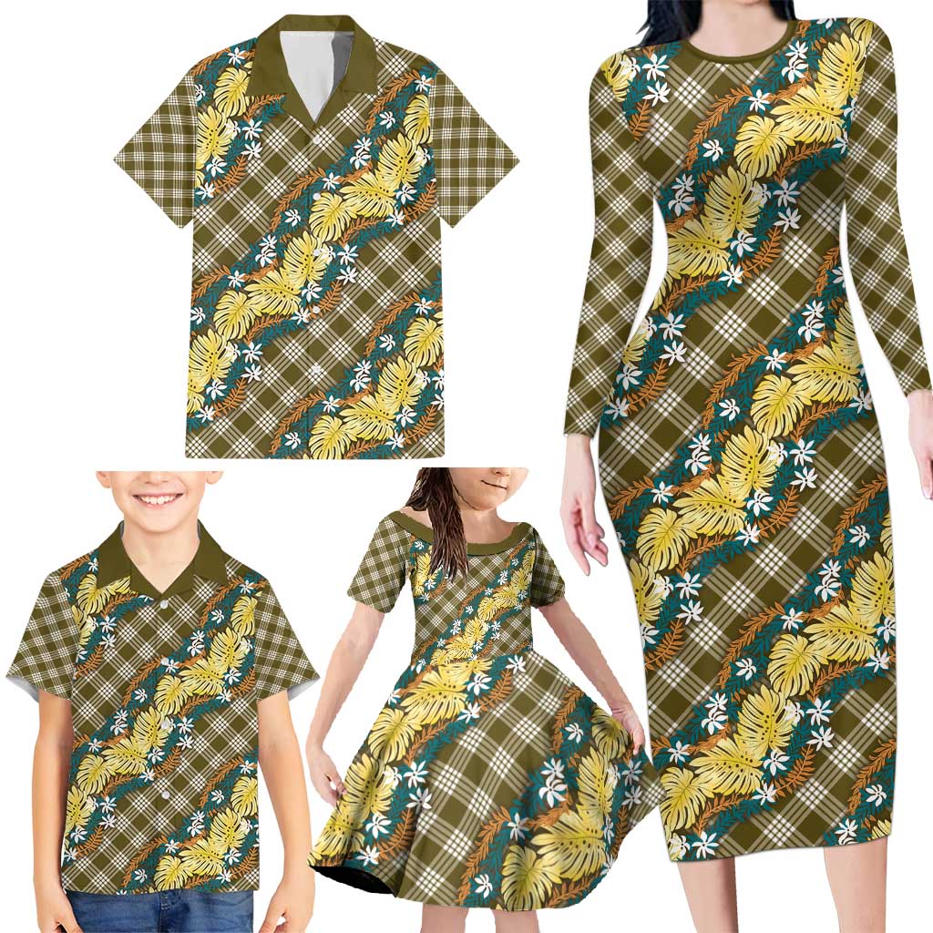 Polynesian Monstera Tiare Floral Family Matching Long Sleeve Bodycon Dress and Hawaiian Shirt Yellow Tropical Plaid - Polynesian Pride