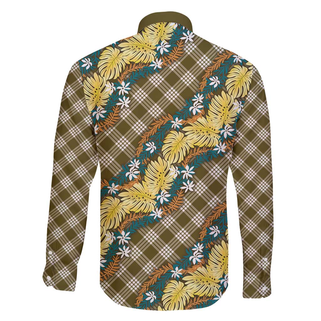 Polynesian Monstera Tiare Floral Family Matching Long Sleeve Bodycon Dress and Hawaiian Shirt Yellow Tropical Plaid - Polynesian Pride