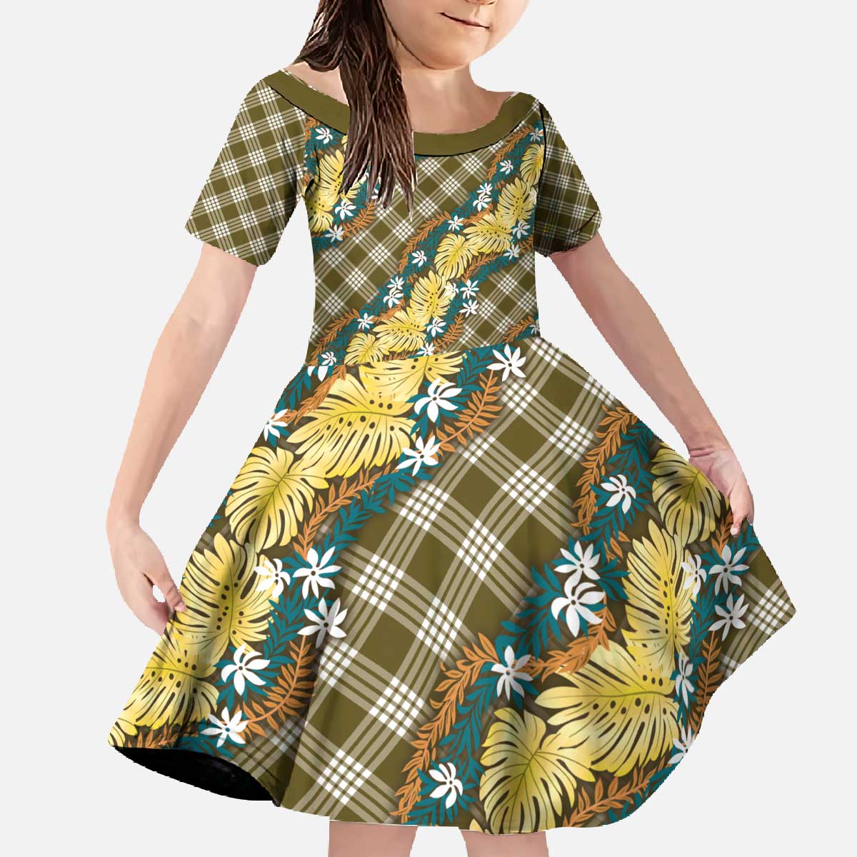 Polynesian Monstera Tiare Floral Family Matching Off The Shoulder Long Sleeve Dress and Hawaiian Shirt Yellow Tropical Plaid - Polynesian Pride