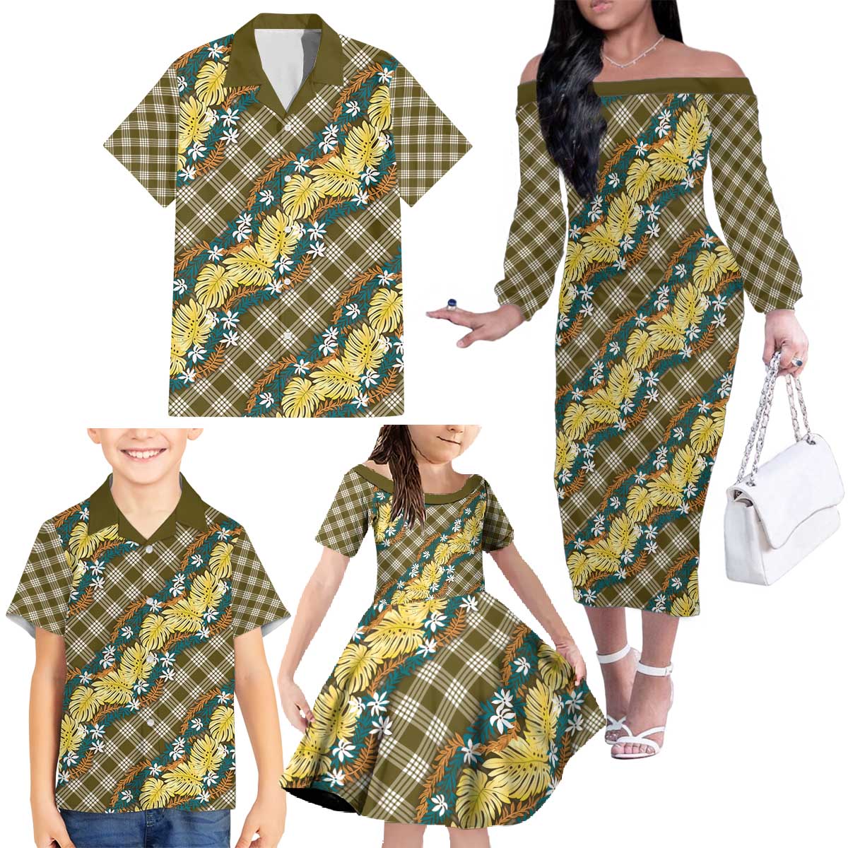 Polynesian Monstera Tiare Floral Family Matching Off The Shoulder Long Sleeve Dress and Hawaiian Shirt Yellow Tropical Plaid LT01 - Polynesian Pride