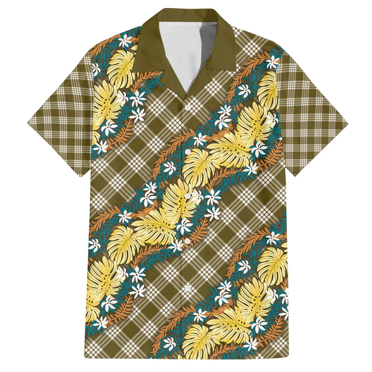Polynesian Monstera Tiare Floral Family Matching Off The Shoulder Long Sleeve Dress and Hawaiian Shirt Yellow Tropical Plaid - Polynesian Pride