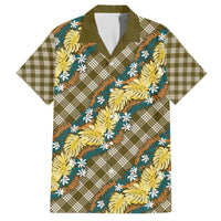 Polynesian Monstera Tiare Floral Family Matching Off The Shoulder Long Sleeve Dress and Hawaiian Shirt Yellow Tropical Plaid - Polynesian Pride