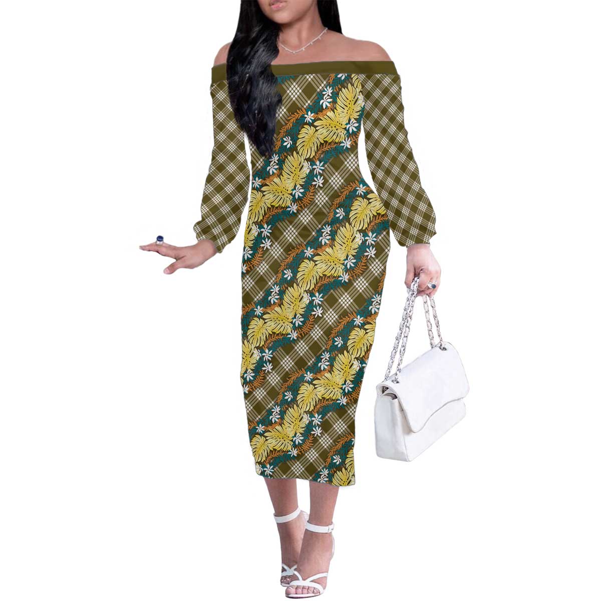 Polynesian Monstera Tiare Floral Family Matching Off The Shoulder Long Sleeve Dress and Hawaiian Shirt Yellow Tropical Plaid - Polynesian Pride