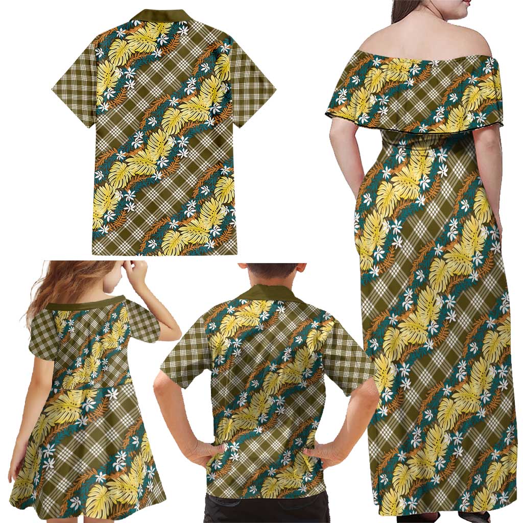 Polynesian Monstera Tiare Floral Family Matching Off Shoulder Maxi Dress and Hawaiian Shirt Yellow Tropical Plaid - Polynesian Pride