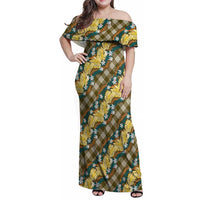 Polynesian Monstera Tiare Floral Family Matching Off Shoulder Maxi Dress and Hawaiian Shirt Yellow Tropical Plaid - Polynesian Pride