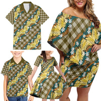 Polynesian Monstera Tiare Floral Family Matching Off Shoulder Short Dress and Hawaiian Shirt Yellow Tropical Plaid - Polynesian Pride