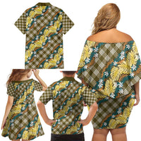 Polynesian Monstera Tiare Floral Family Matching Off Shoulder Short Dress and Hawaiian Shirt Yellow Tropical Plaid - Polynesian Pride