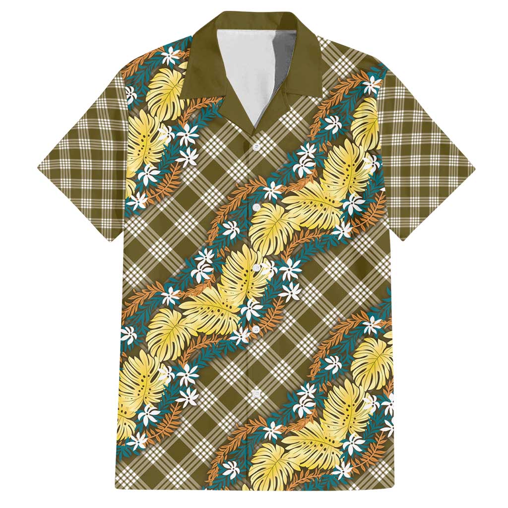 Polynesian Monstera Tiare Floral Family Matching Off Shoulder Short Dress and Hawaiian Shirt Yellow Tropical Plaid - Polynesian Pride
