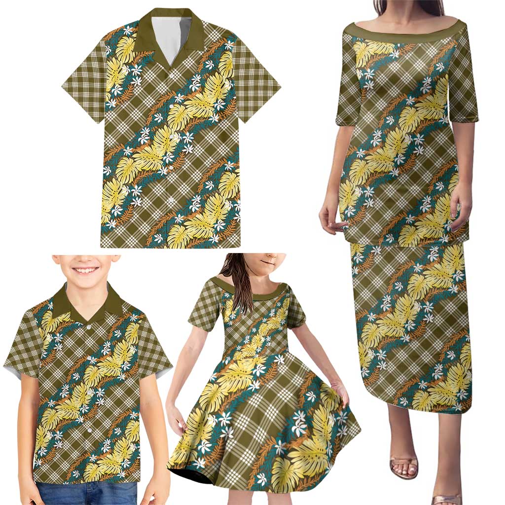 Polynesian Monstera Tiare Floral Family Matching Puletasi and Hawaiian Shirt Yellow Tropical Plaid LT01 - Polynesian Pride
