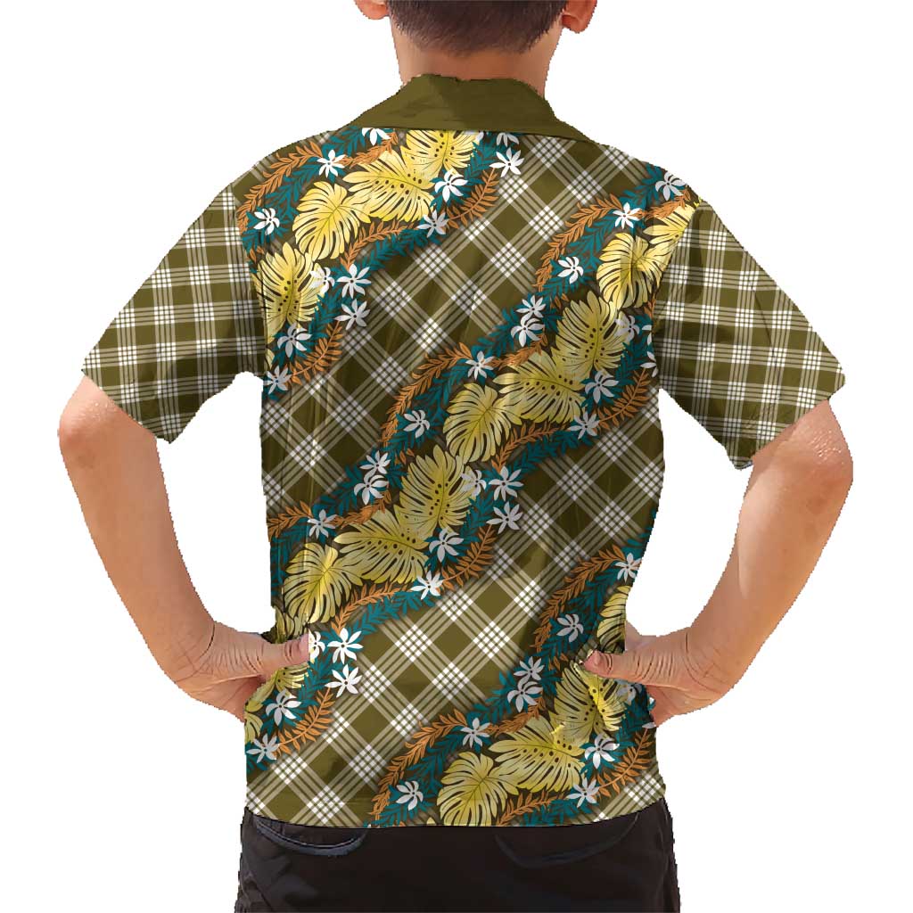 Polynesian Monstera Tiare Floral Family Matching Short Sleeve Bodycon Dress and Hawaiian Shirt Yellow Tropical Plaid - Polynesian Pride