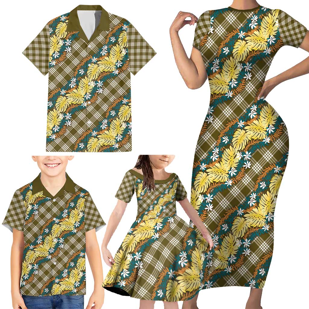 Polynesian Monstera Tiare Floral Family Matching Short Sleeve Bodycon Dress and Hawaiian Shirt Yellow Tropical Plaid LT01 - Polynesian Pride