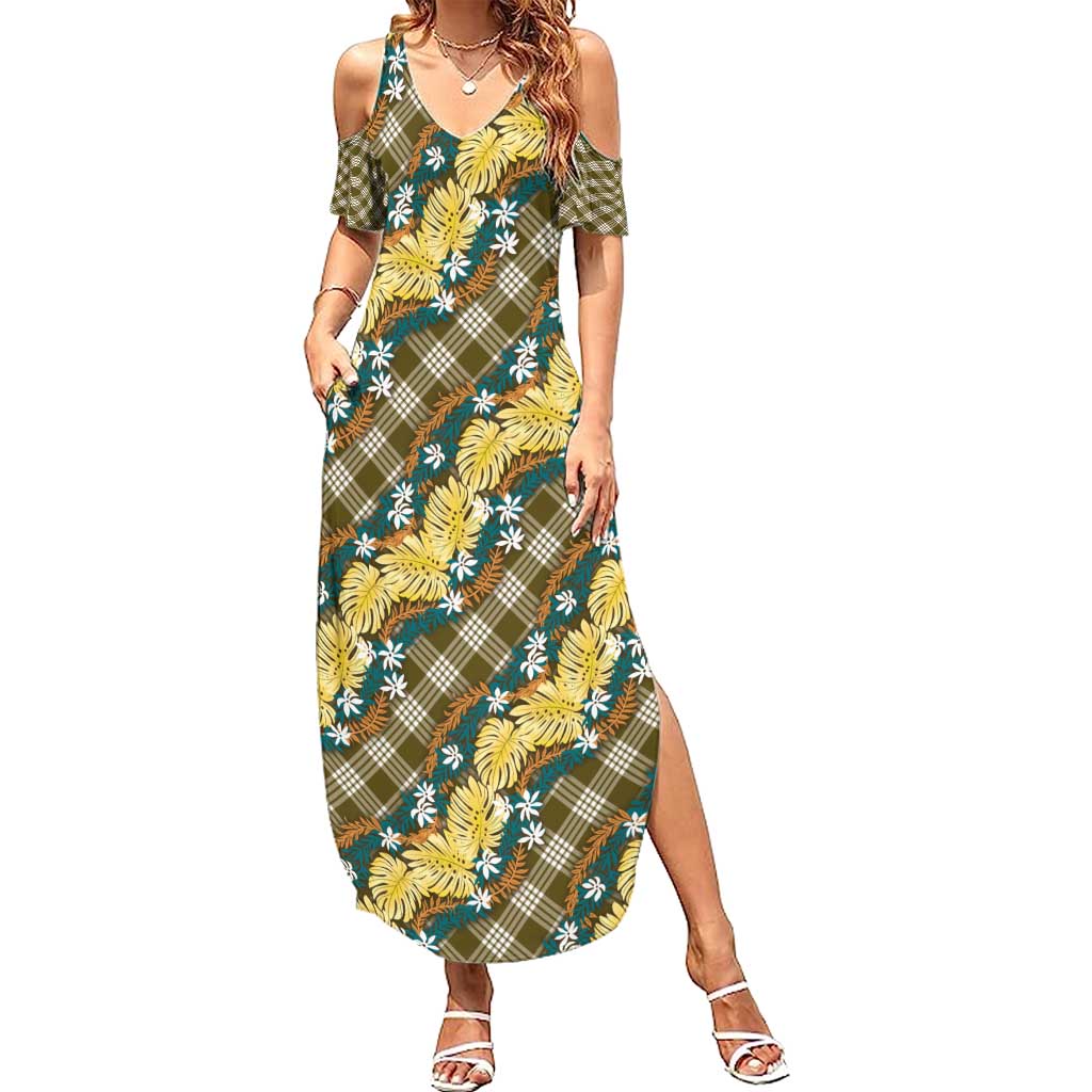 Polynesian Monstera Tiare Floral Family Matching Summer Maxi Dress and Hawaiian Shirt Yellow Tropical Plaid - Polynesian Pride