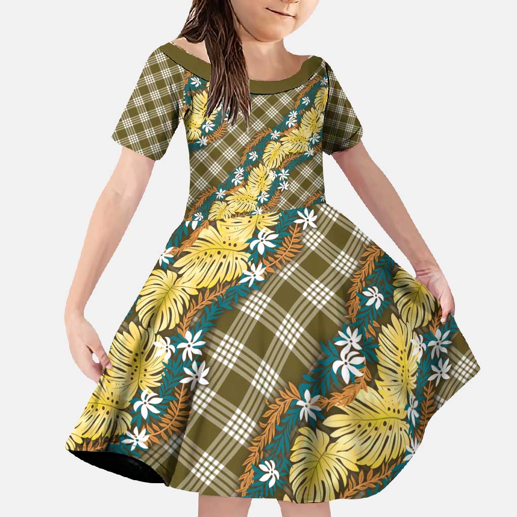 Polynesian Monstera Tiare Floral Family Matching Tank Maxi Dress and Hawaiian Shirt Yellow Tropical Plaid - Polynesian Pride