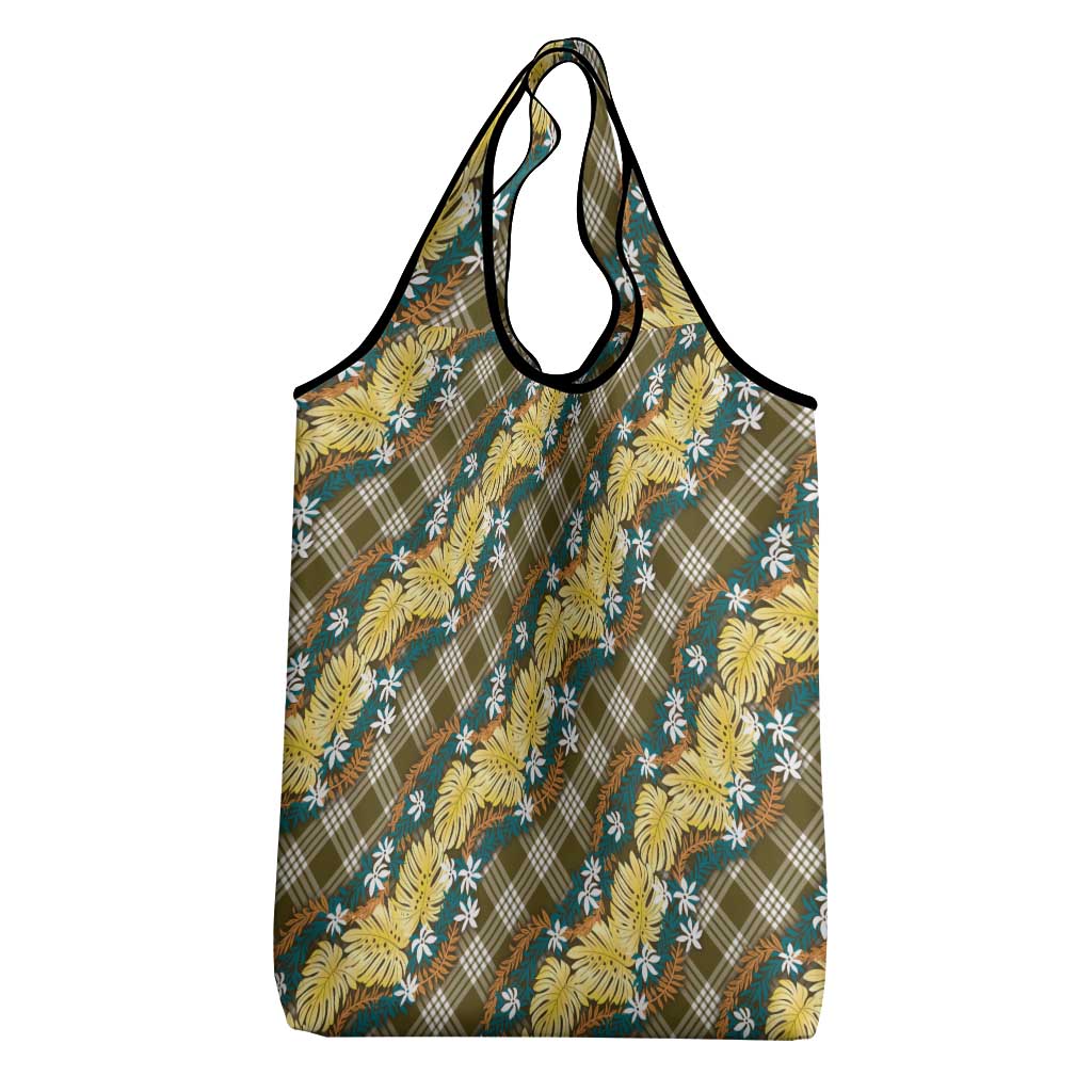 Polynesian Monstera Tiare Floral Grocery Bag Yellow Tropical Plaid - Polynesian Pride