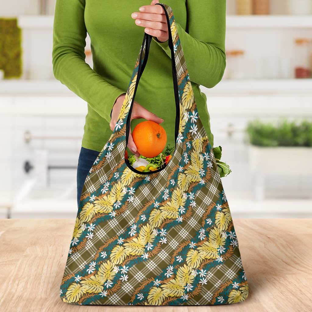 Polynesian Monstera Tiare Floral Grocery Bag Yellow Tropical Plaid - Polynesian Pride