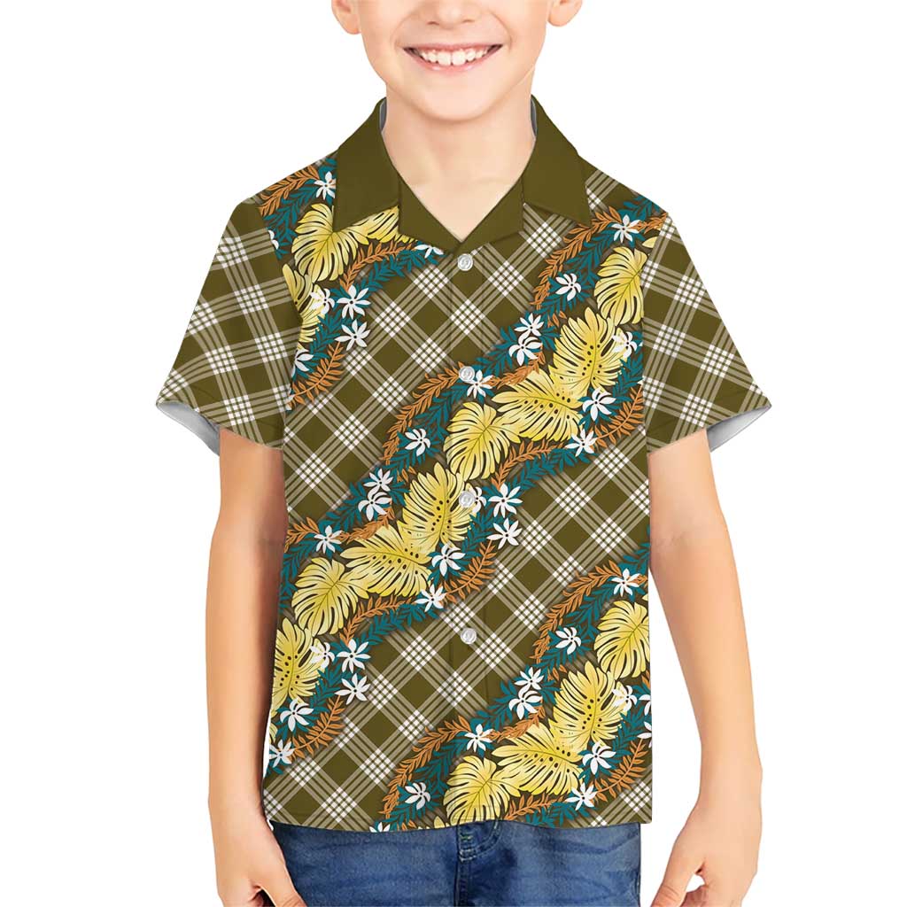 Polynesian Monstera Tiare Floral Kid Hawaiian Shirt Yellow Tropical Plaid - Polynesian Pride