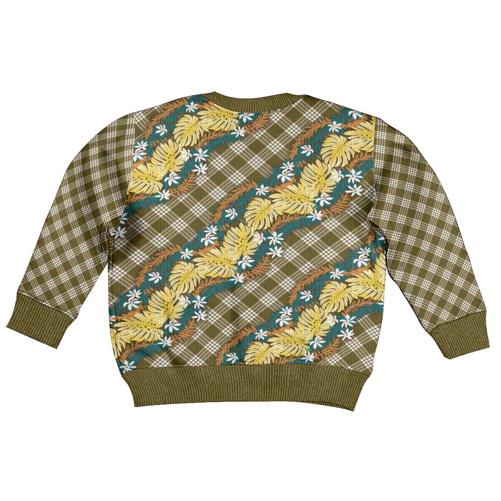 Polynesian Monstera Tiare Floral Kid Ugly Christmas Sweater Yellow Tropical Plaid - Polynesian Pride