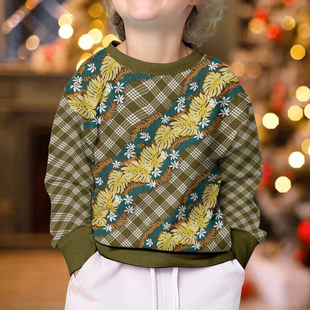 Polynesian Monstera Tiare Floral Kid Ugly Christmas Sweater Yellow Tropical Plaid - Polynesian Pride