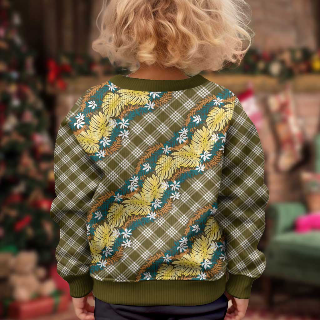 Polynesian Monstera Tiare Floral Kid Ugly Christmas Sweater Yellow Tropical Plaid - Polynesian Pride