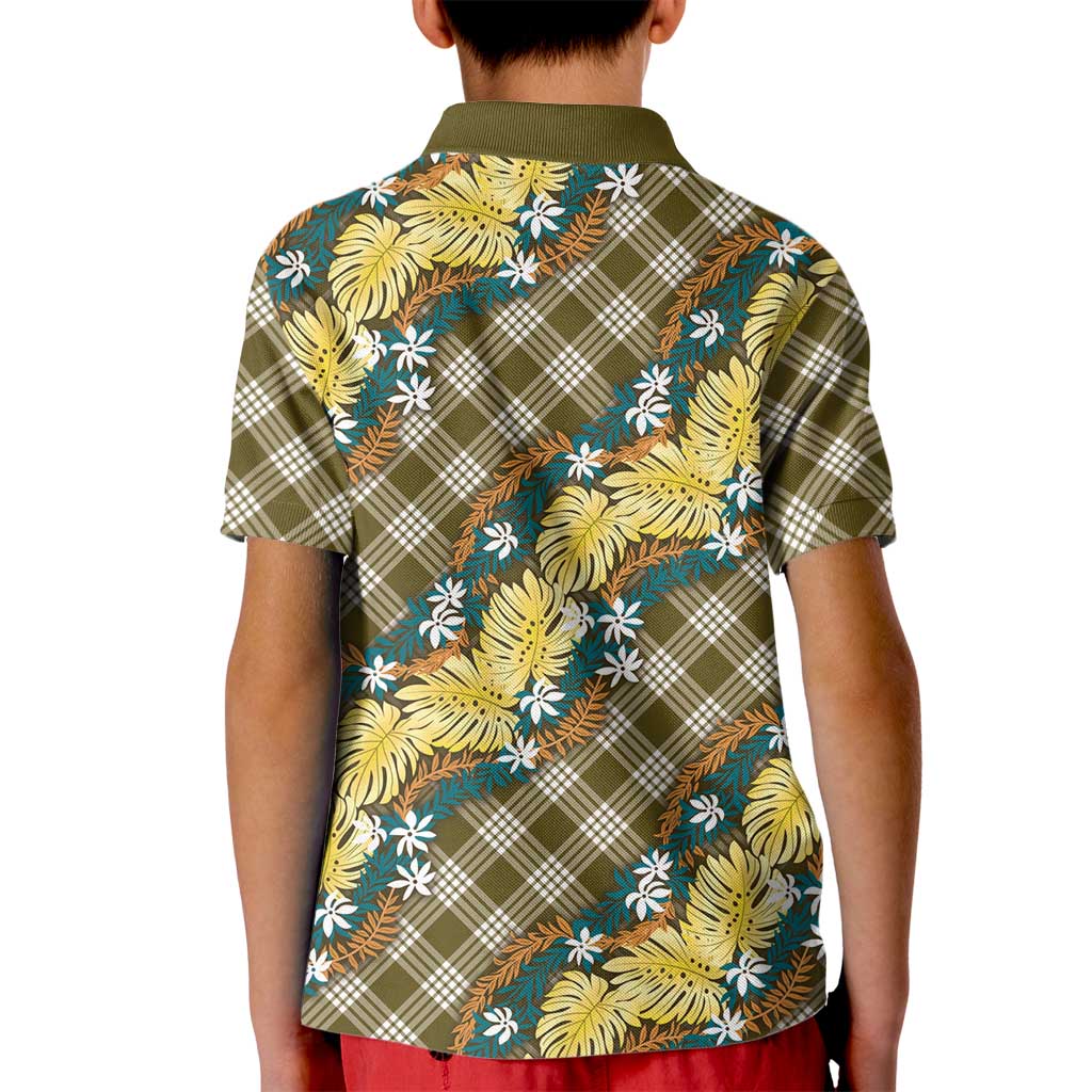 Polynesian Monstera Tiare Floral Kid Polo Shirt Yellow Tropical Plaid - Polynesian Pride