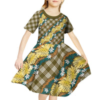 Polynesian Monstera Tiare Floral Kid Short Sleeve Dress Yellow Tropical Plaid - Polynesian Pride