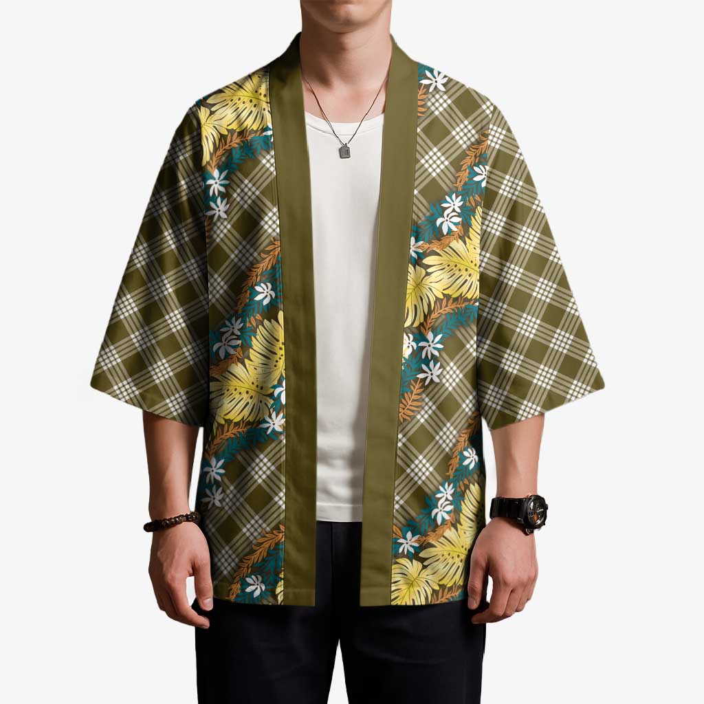 Polynesian Monstera Tiare Floral Kimono Yellow Tropical Plaid - Polynesian Pride
