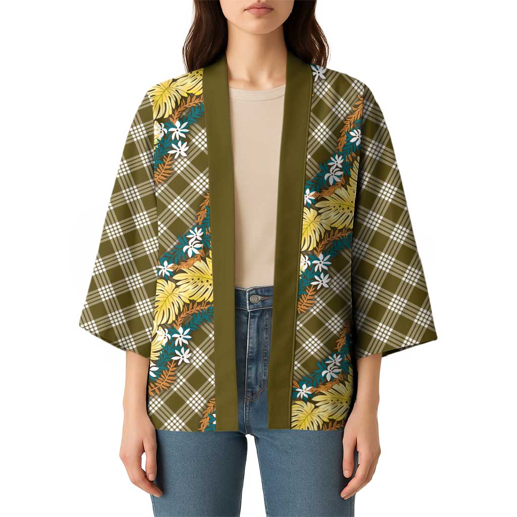 Polynesian Monstera Tiare Floral Kimono Yellow Tropical Plaid - Polynesian Pride