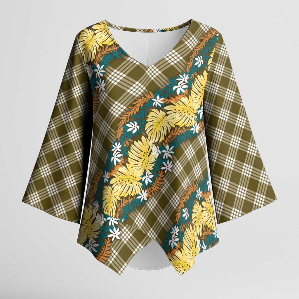 Polynesian Monstera Tiare Floral Kimono Sleeve Blouse Yellow Tropical Plaid - Polynesian Pride
