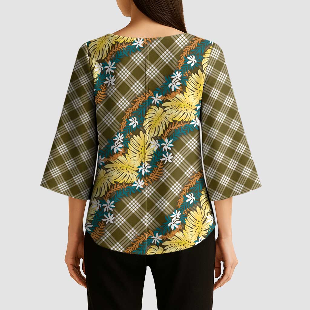 Polynesian Monstera Tiare Floral Kimono Sleeve Blouse Yellow Tropical Plaid - Polynesian Pride